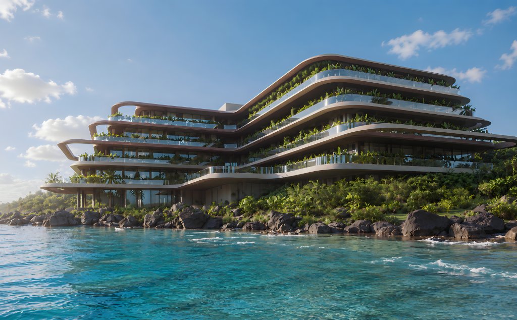 Luna Residences Bali — aerial view where the river meets the ocean at Nuanu