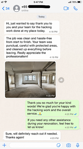 WhatsApp message from a homeowner thanking the team for professional and clean hacking work