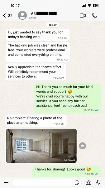 WhatsApp testimonial from a homeowner praising clean and hassle-free hacking work with a photo of the finished site