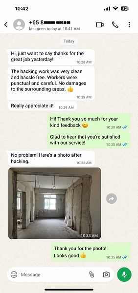 WhatsApp testimonial praising careful, punctual hacking team with no damage to surrounding areas