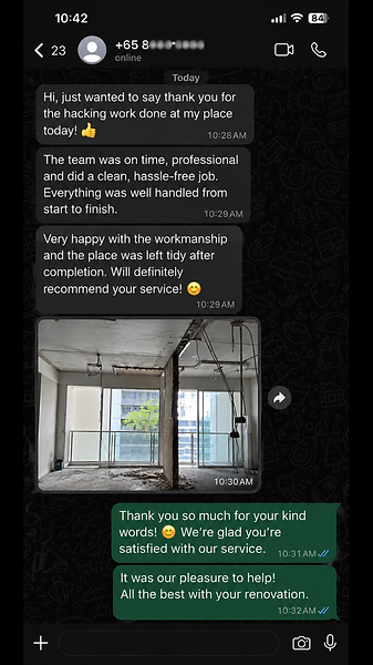 WhatsApp testimonial from a client thanking the team for professional, punctual and tidy demolition service