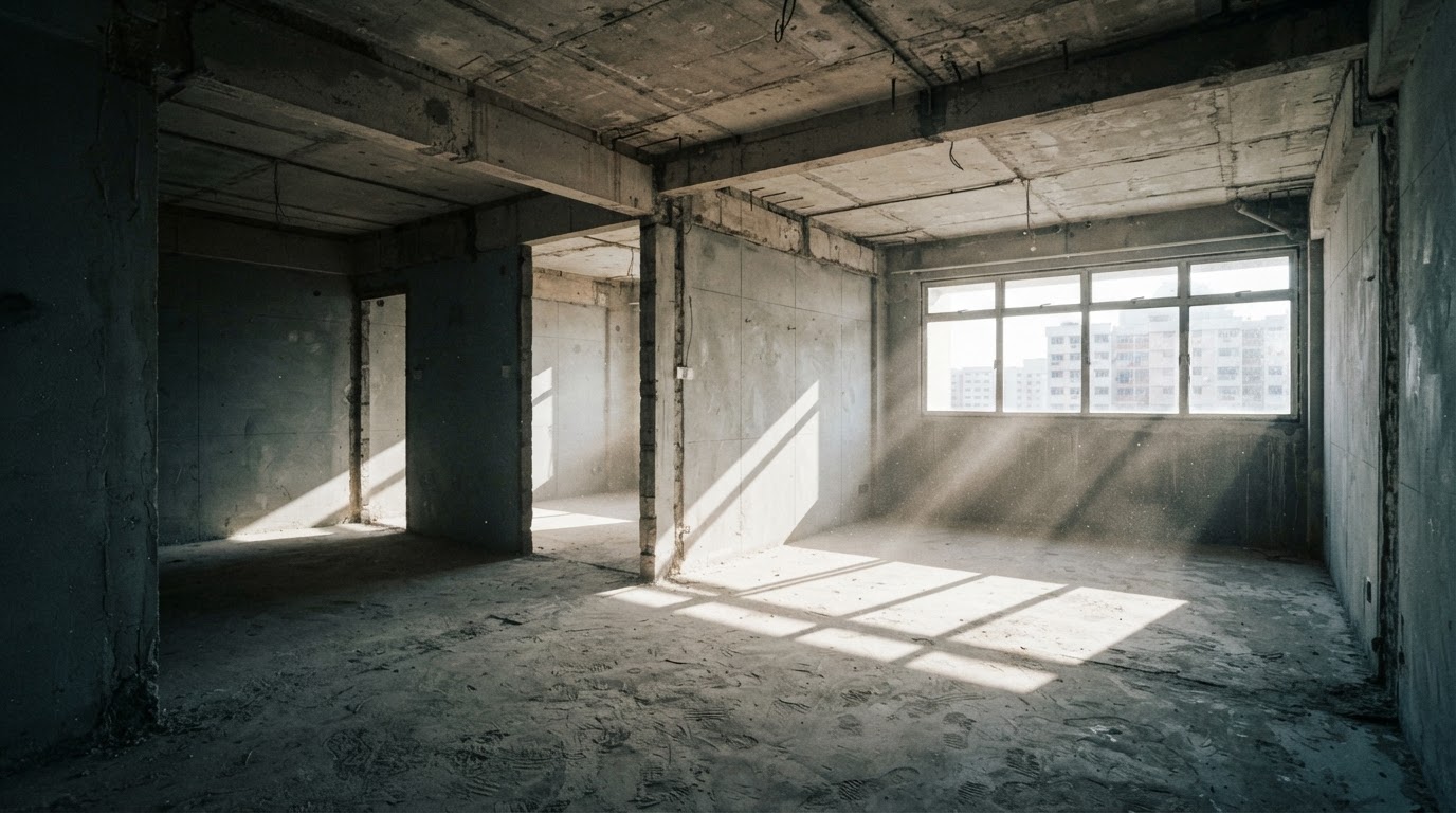 Stripped Singapore HDB flat interior after full demolition