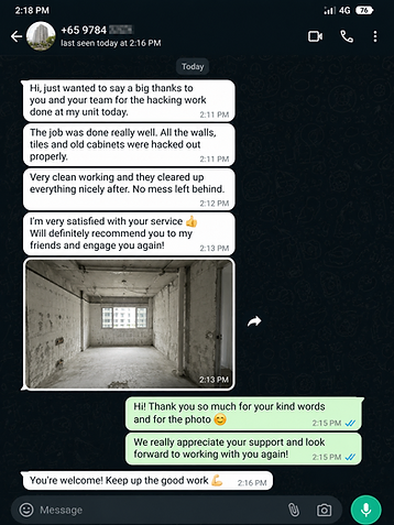 WhatsApp testimonial from a homeowner praising clean hacking work with walls, tiles and old cabinets removed, and a photo of the stripped-out room