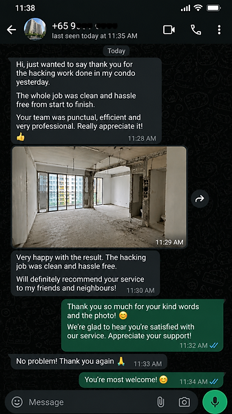 WhatsApp feedback from a condo owner happy with clean and efficient hacking work