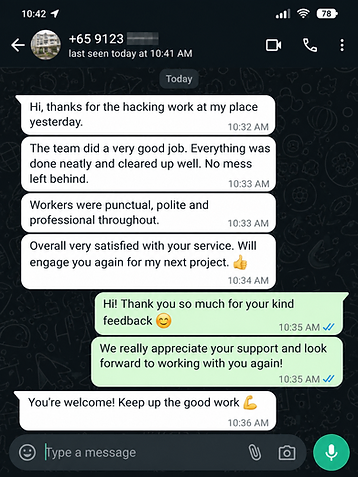 WhatsApp testimonial from a client praising punctual, polite and professional hacking team with everything cleared up neatly