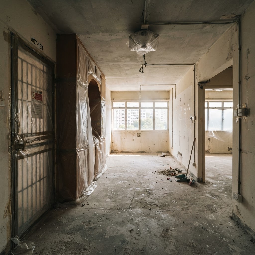 Singapore HDB flat interior cleared and protected with plastic sheeting before hacking works begin