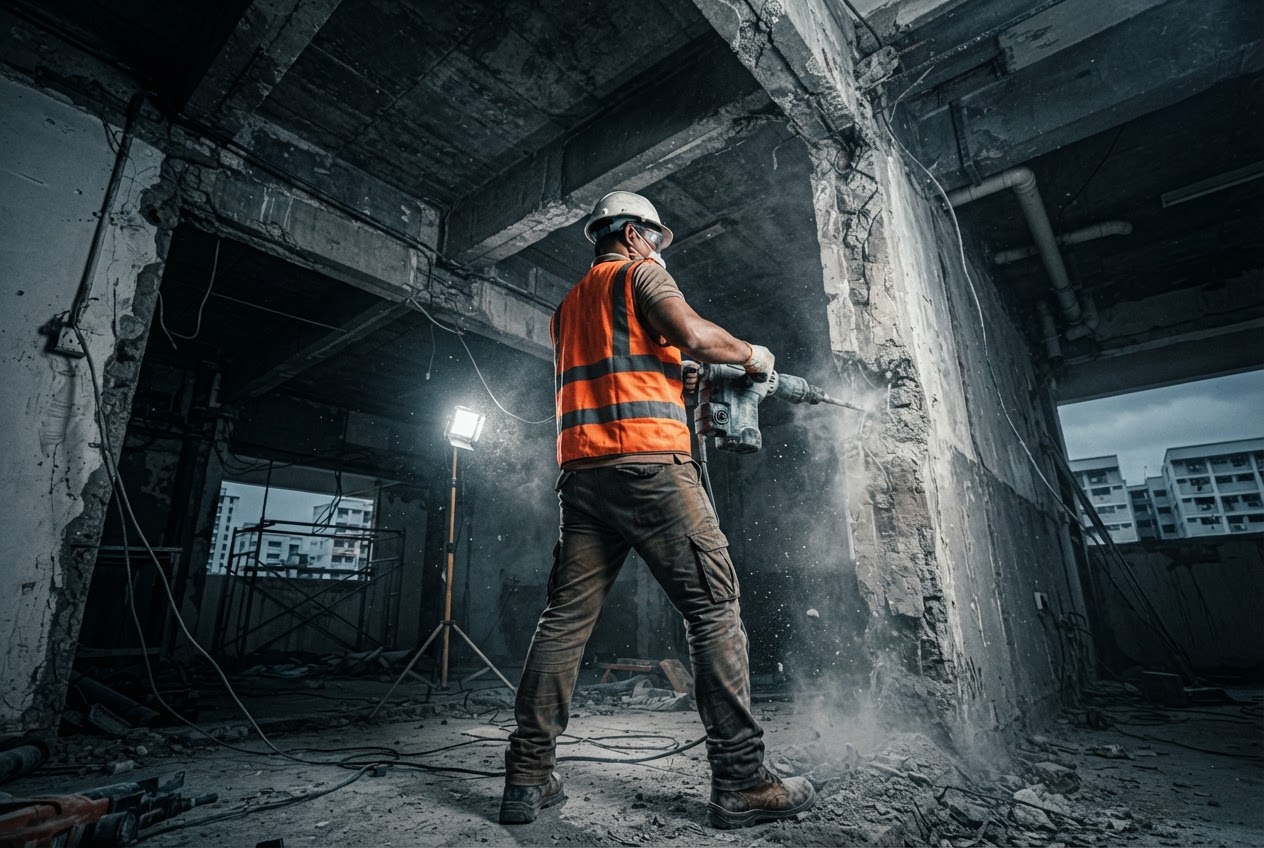 Demolition crew in full safety gear on a stripped site