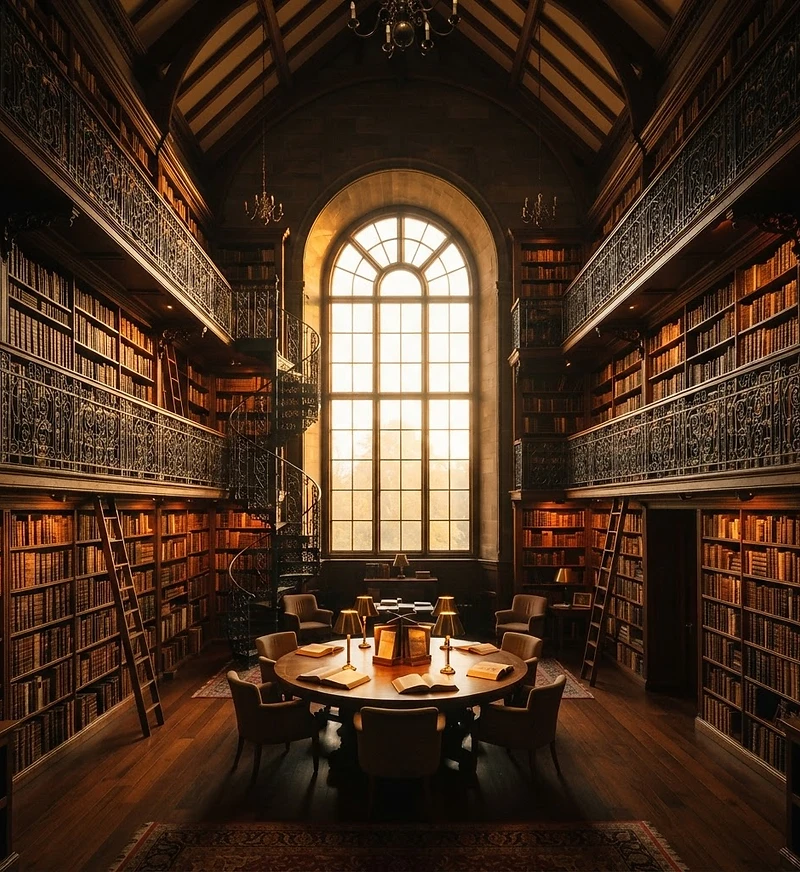 A grand, atmospheric classic library interior with towering bookshelves and golden light