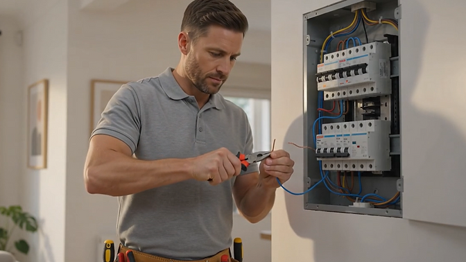 Electrician at work on a consumer unit