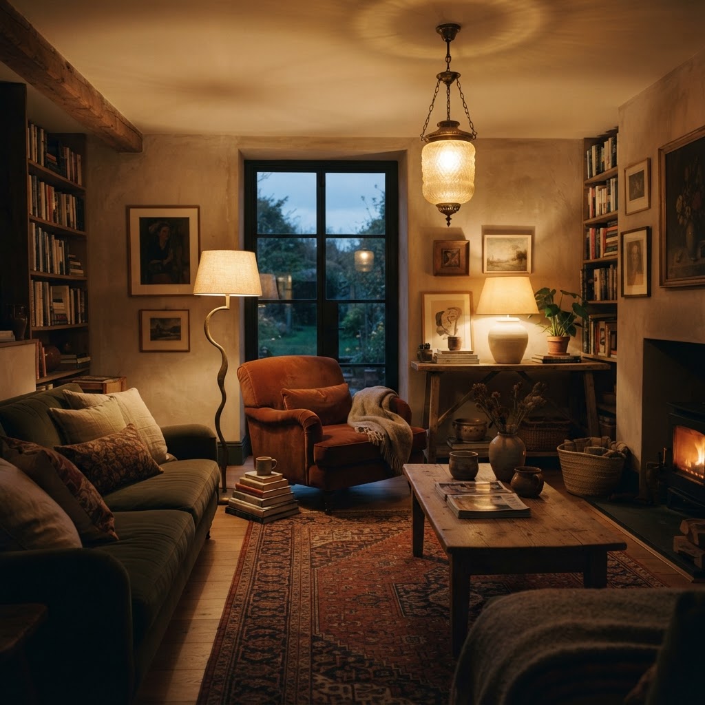 A warm, lamp-lit interior at dusk