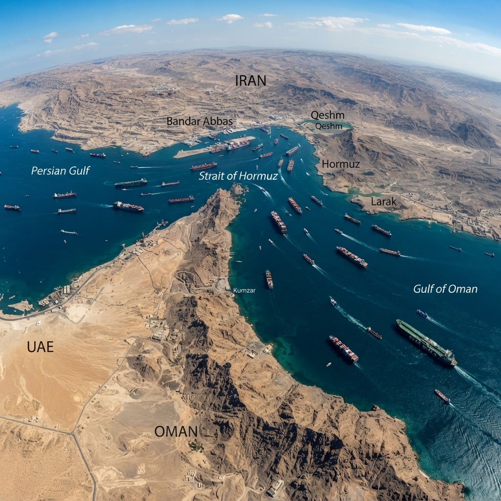 Strait of Hormuz shipping lane with commercial tankers and cargo vessels