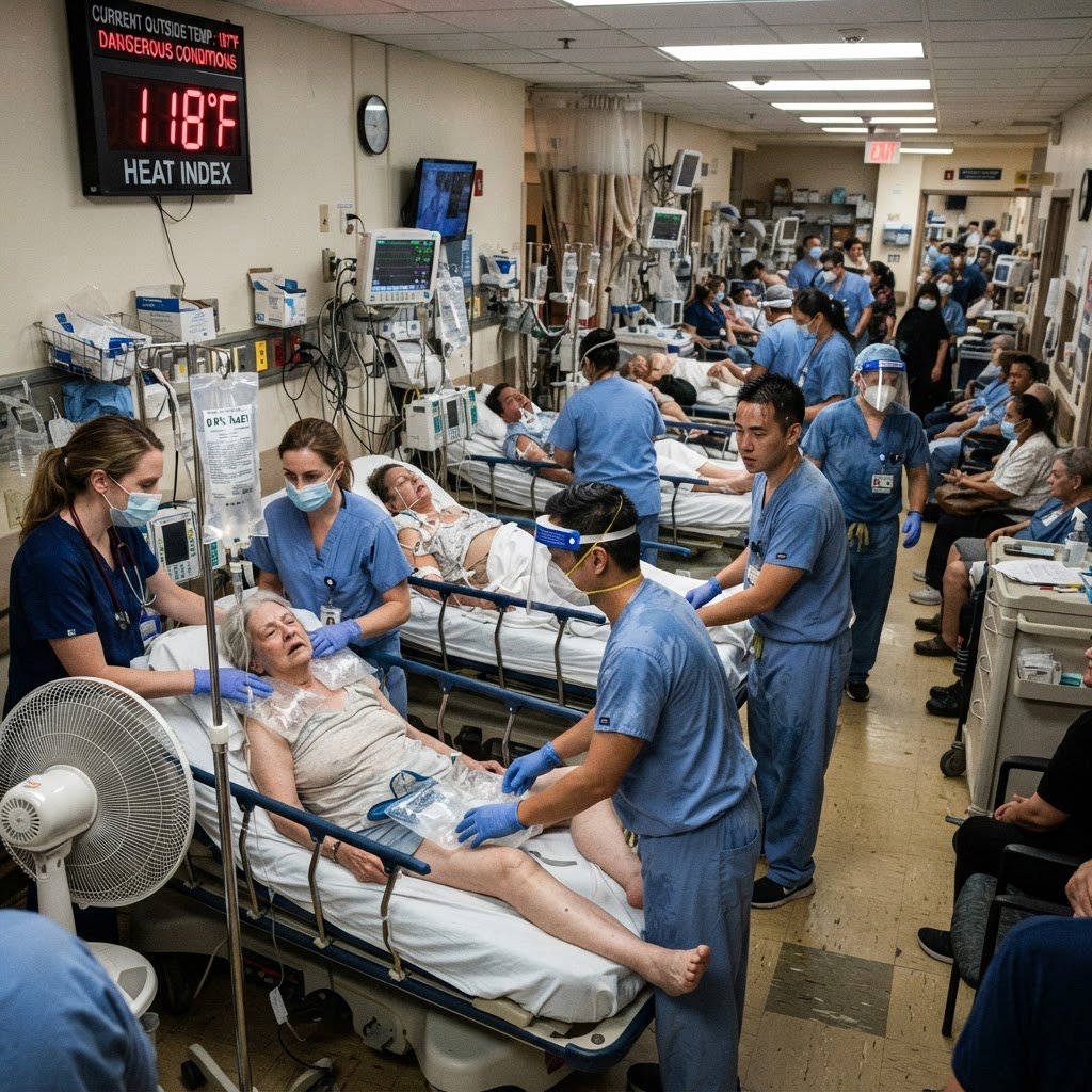 Emergency room during heat wave crisis with patients receiving treatment for heat exhaustion and heatstroke