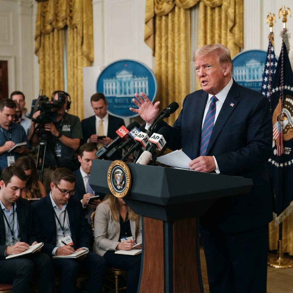 Donald Trump at presidential podium during press conference discussing military policy