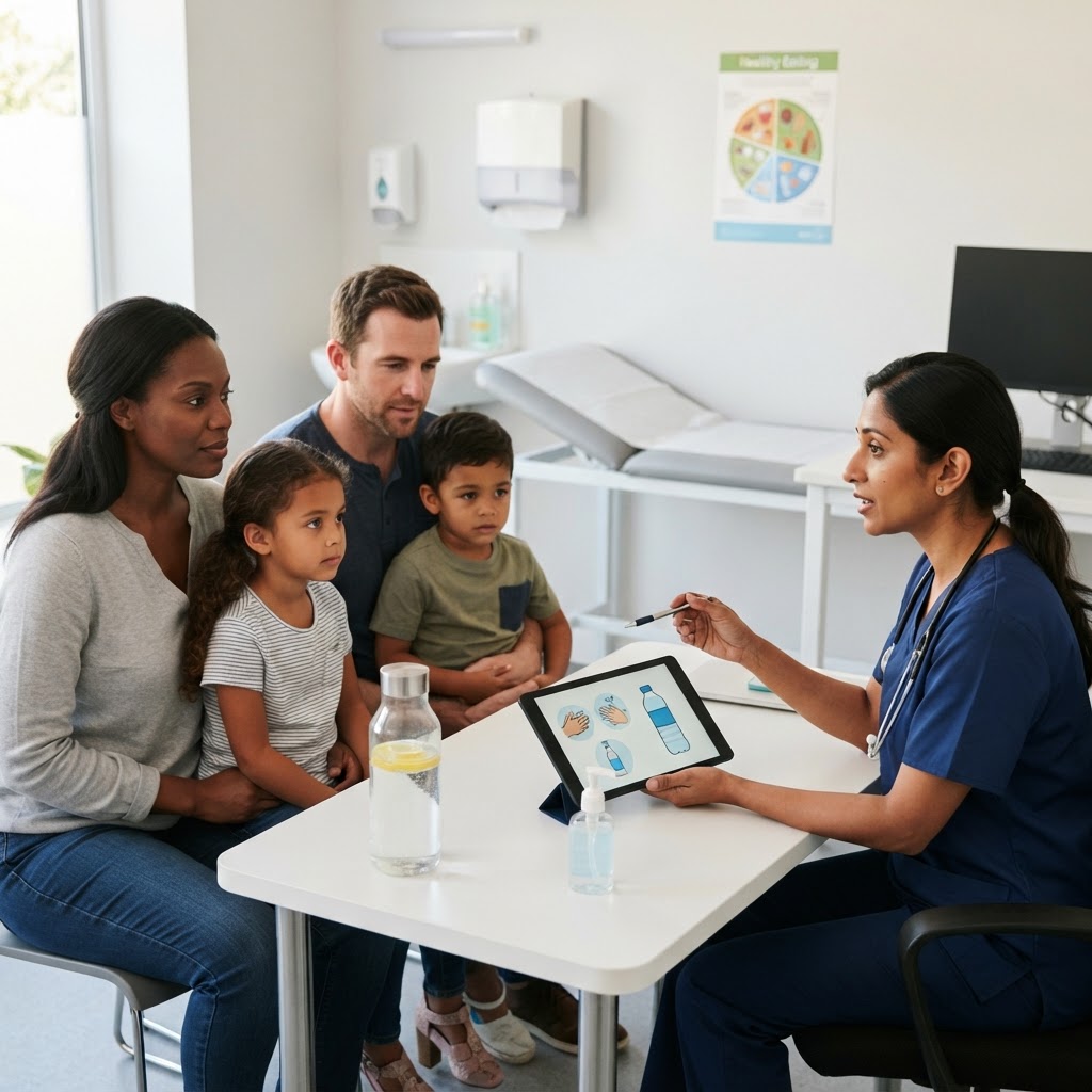 Clinician explaining foodborne illness symptoms and prevention to a family