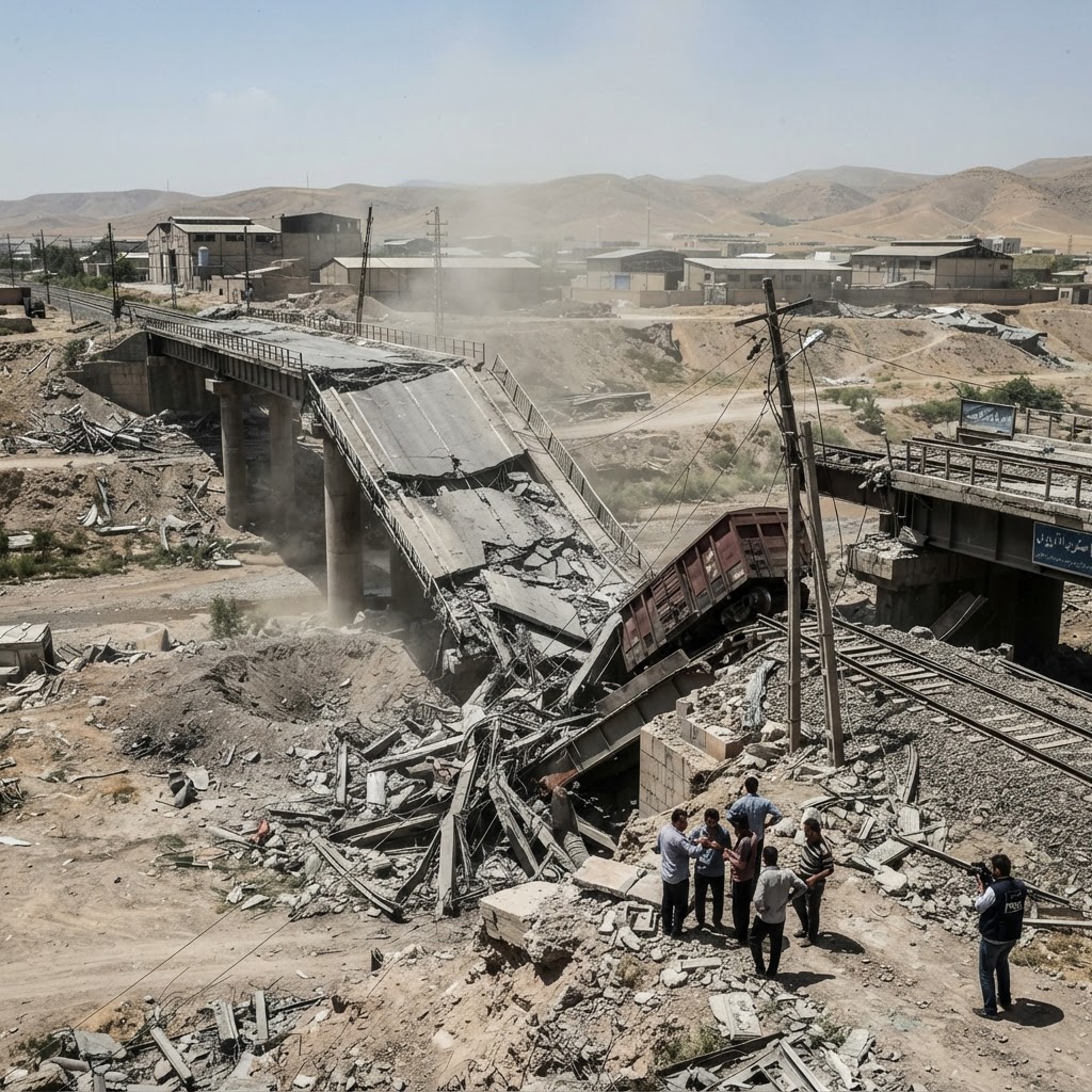 Damaged Iranian bridge and railway infrastructure destroyed by military strikes