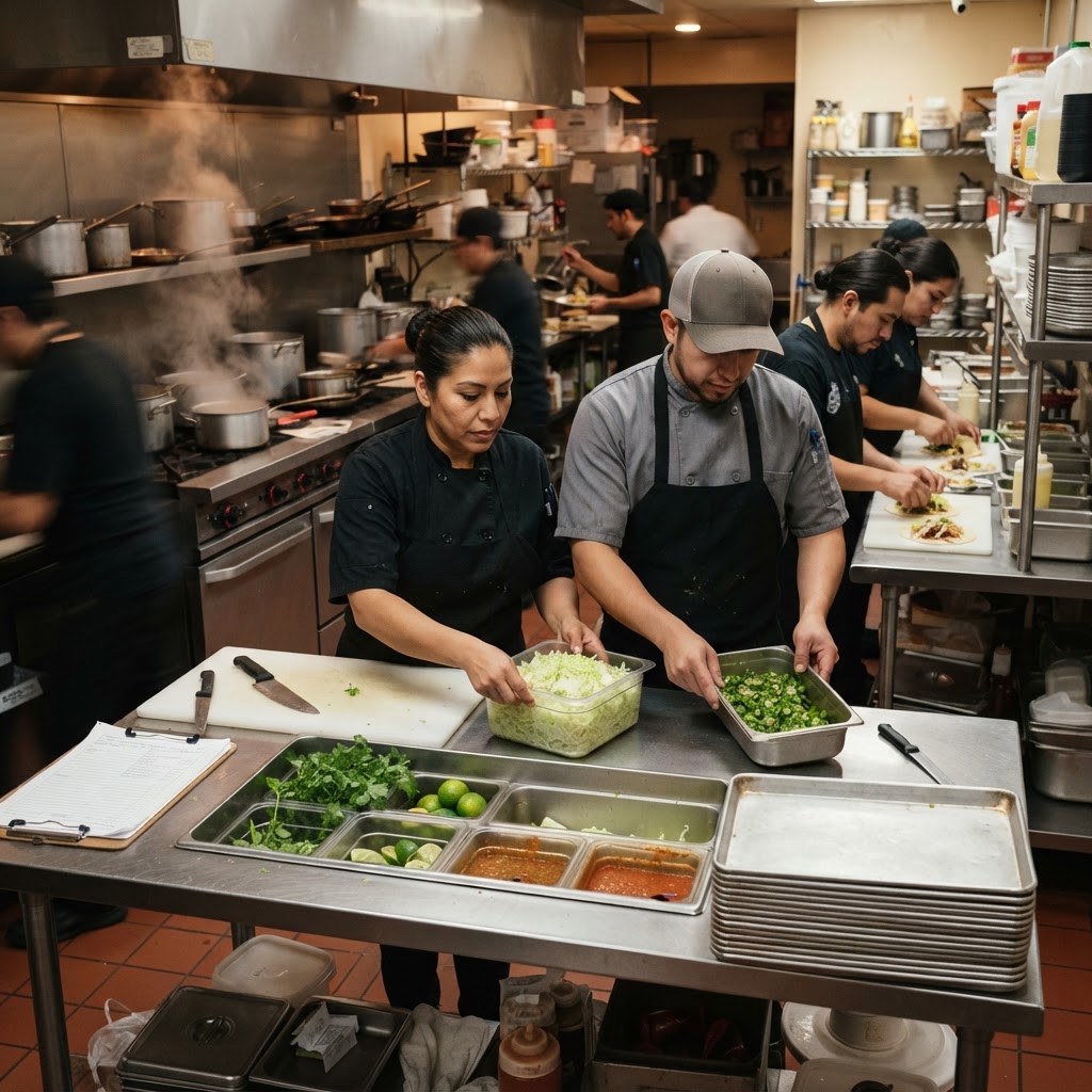 Restaurant kitchen checking recalled jalapenos and lettuce ingredients