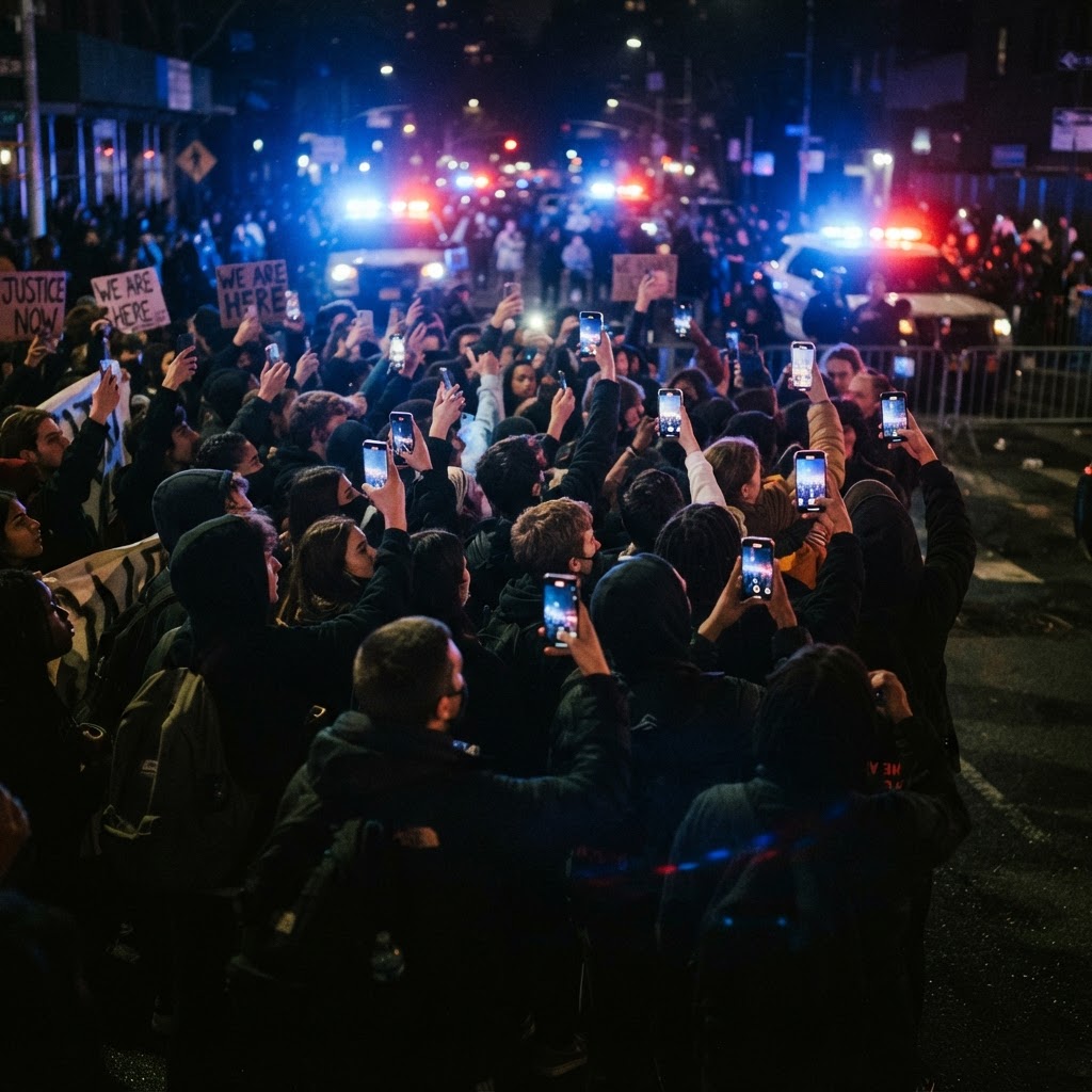 Silhouettes of crowd at night with police lights reflecting off faces, many holding phones recording