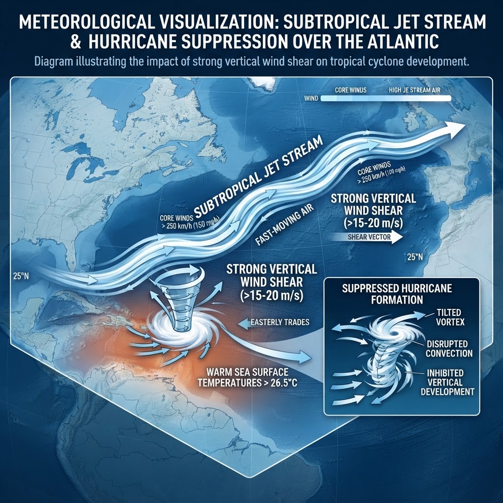Meteorological jet stream visualization showing strong winds suppressing hurricane formation over the Atlantic