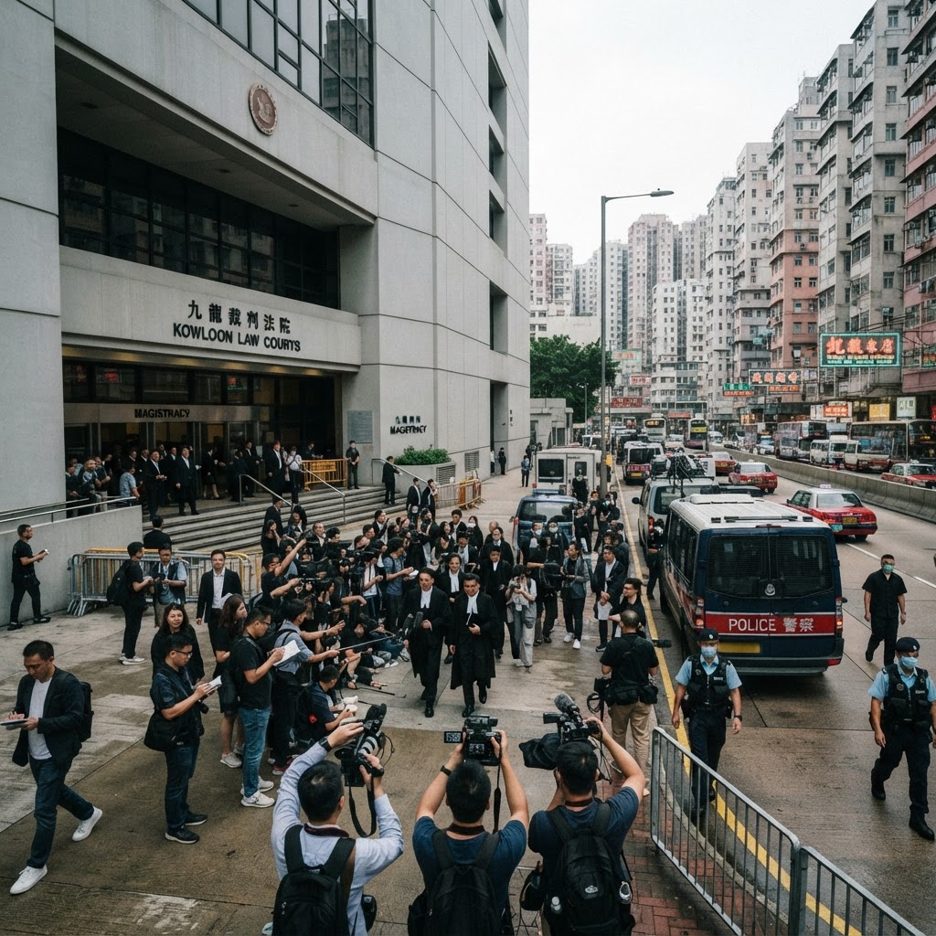 Kowloon courthouse and reporters covering a Hong Kong murder case