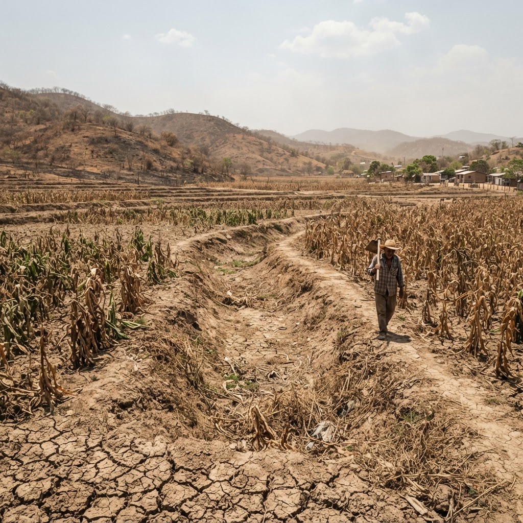 Parched drought landscape showing cracked brown earth and wilted crops across Central America and Southeast Asia