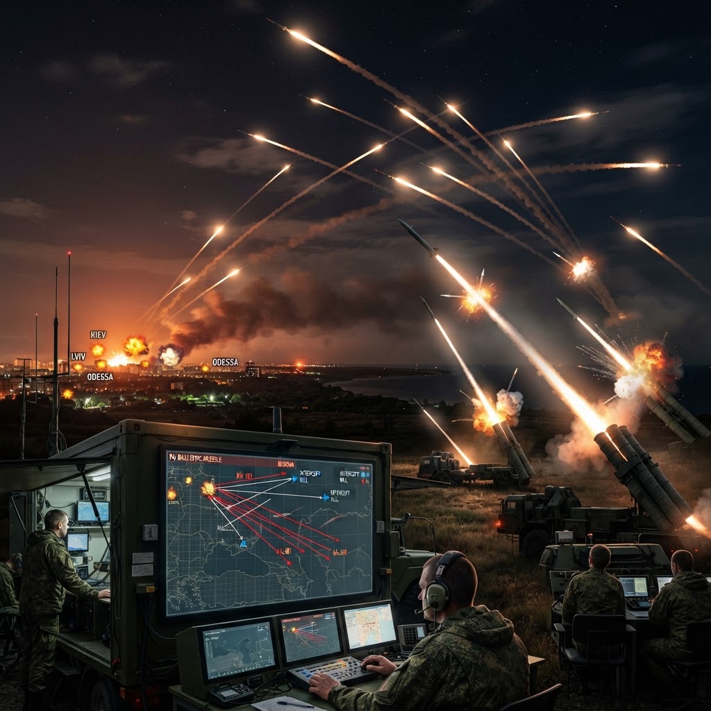 Russian ballistic missiles streaking across night sky with radar tracking and air defense interception attempts