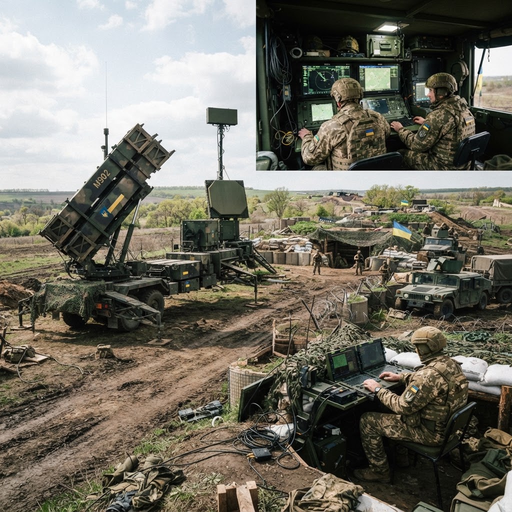 Patriot air defense missile system in operational readiness with launch vehicle and radar arrays