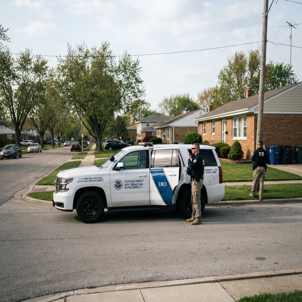 ICE enforcement vehicle on residential street during surveillance operation