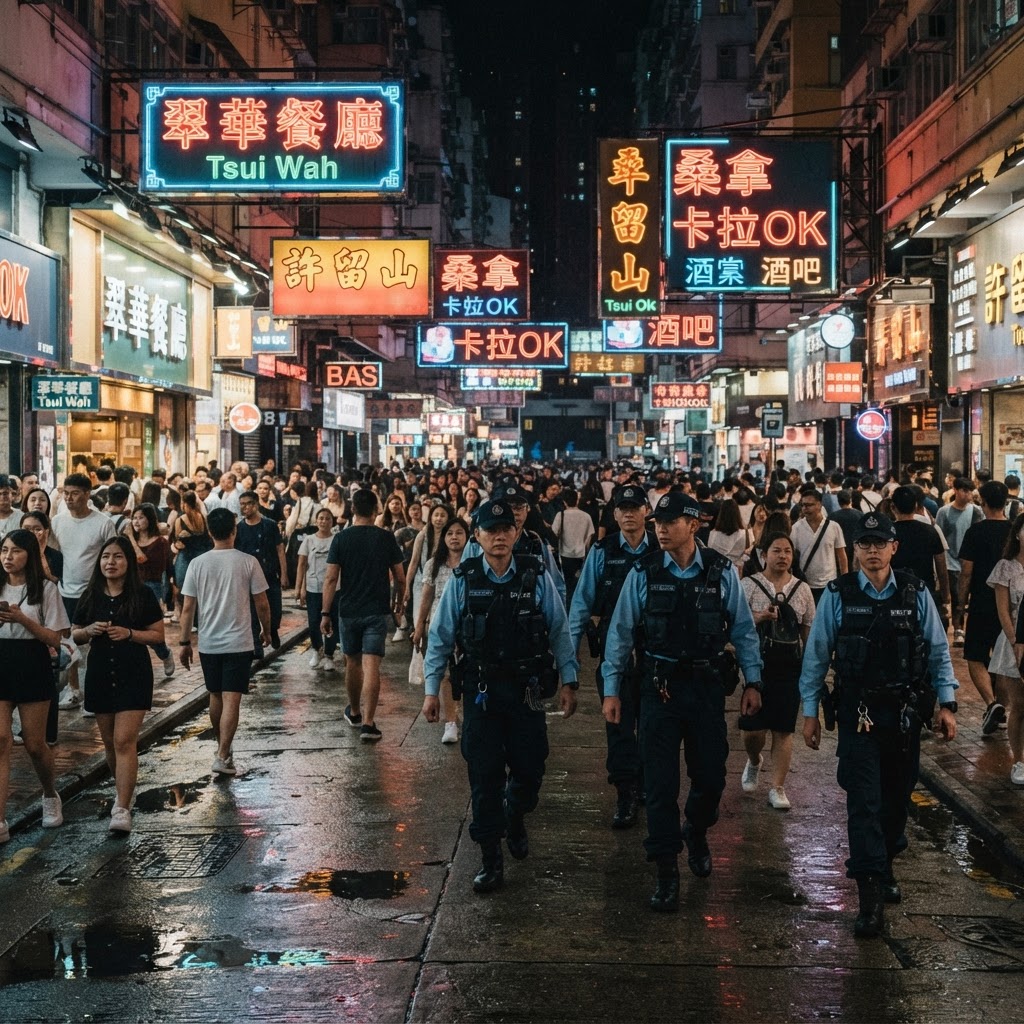 Police patrol in Hong Kong’s neon Tsim Sha Tsui nightlife district