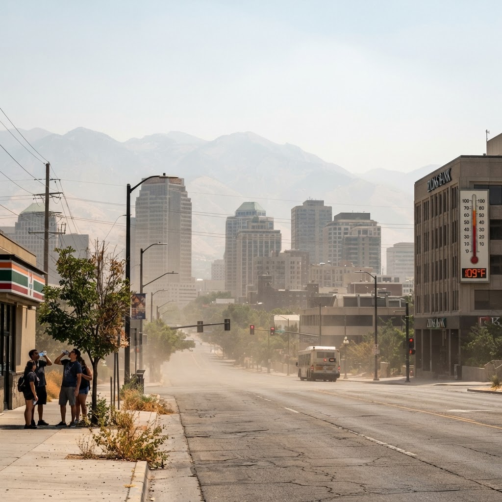 Salt Lake City heat shimmer with thermometer reading 109 degrees and scorching desert landscape