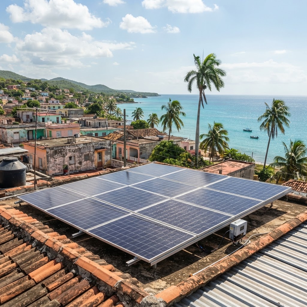 Solar panels on a Caribbean rooftop with palm trees and seascape, representing renewable energy hope