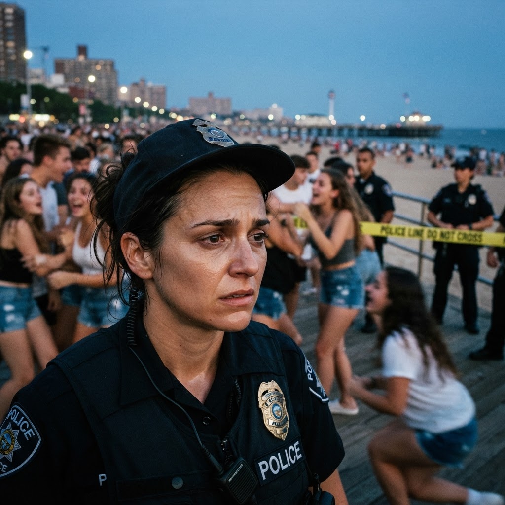 Police officer exhausted and concerned, surrounded by crowd of young people