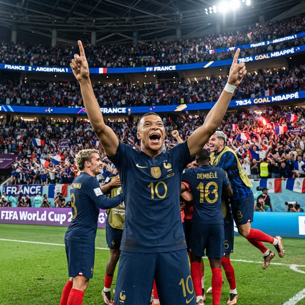 Mbappé celebrating a goal, pointing upward with teammates surrounding him