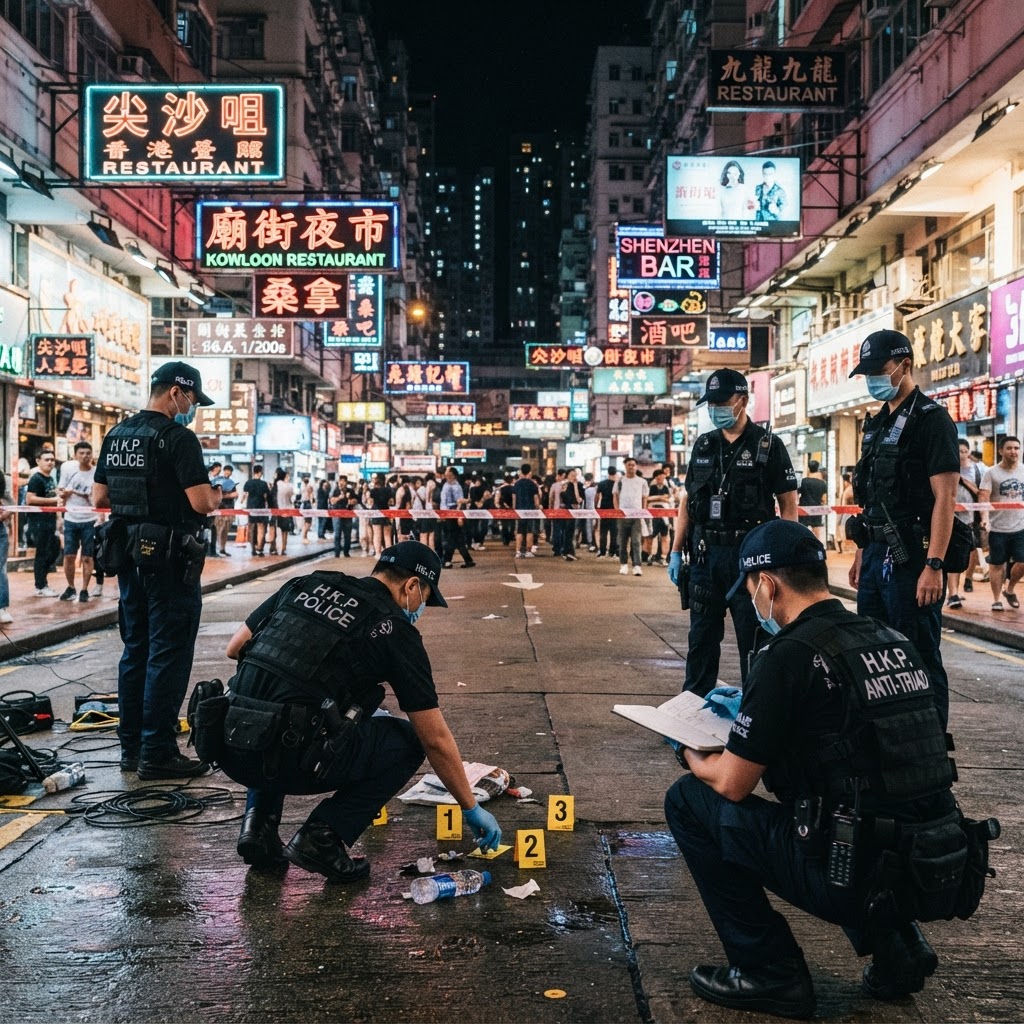 Hong Kong police anti-triad investigators outside a nightlife district
