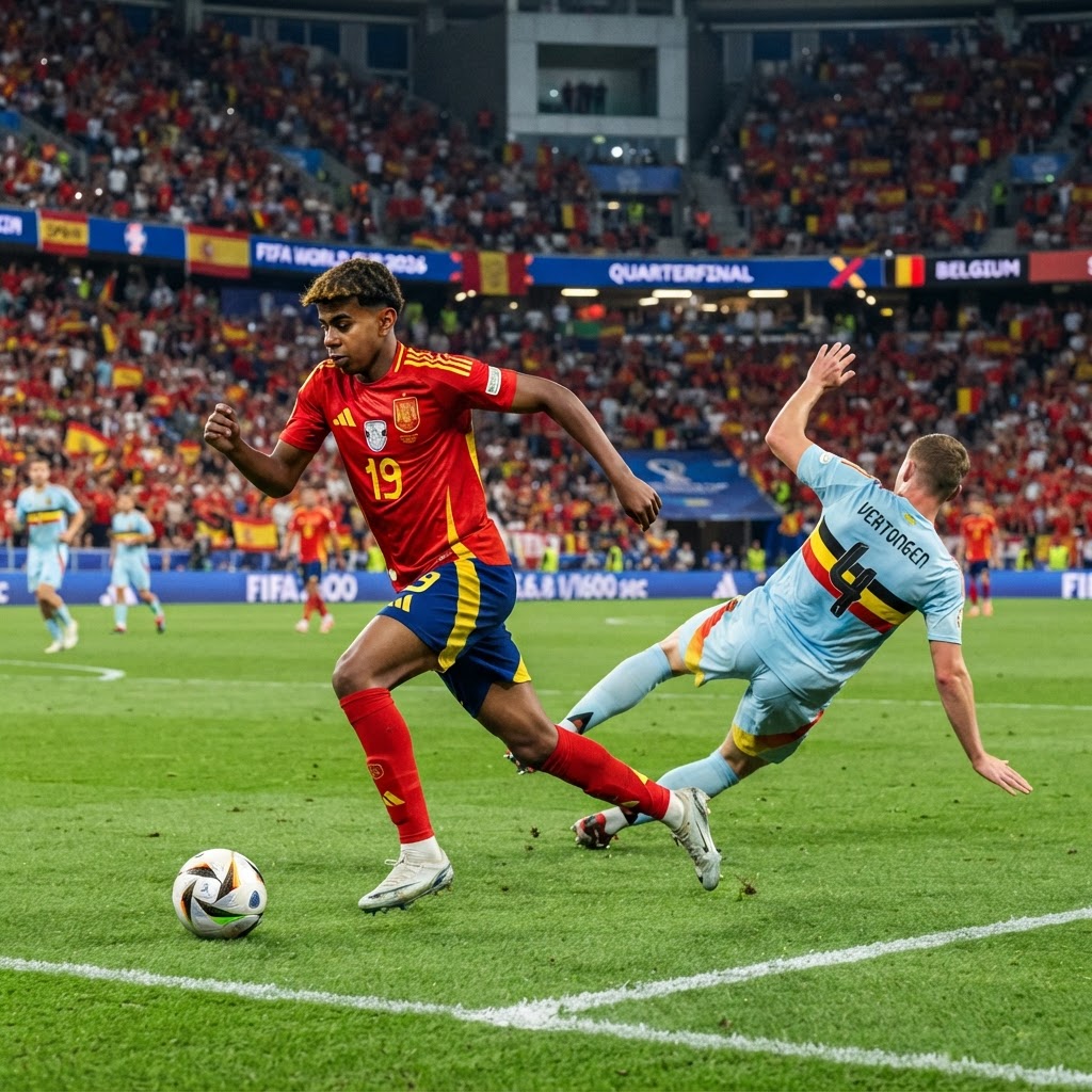 Yamal dribbling with precision past a Belgian defender
