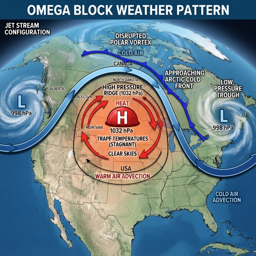 Omega block atmospheric pattern showing high pressure dome trapping heat over Northern Plains