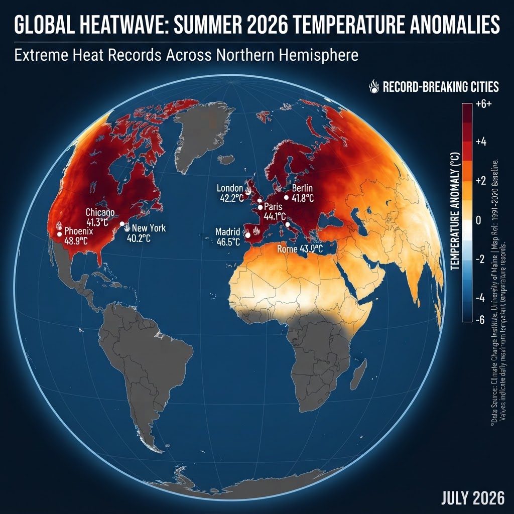 Global heatwave temperature anomaly map showing record-breaking heat across Europe, North America in deep red and orange