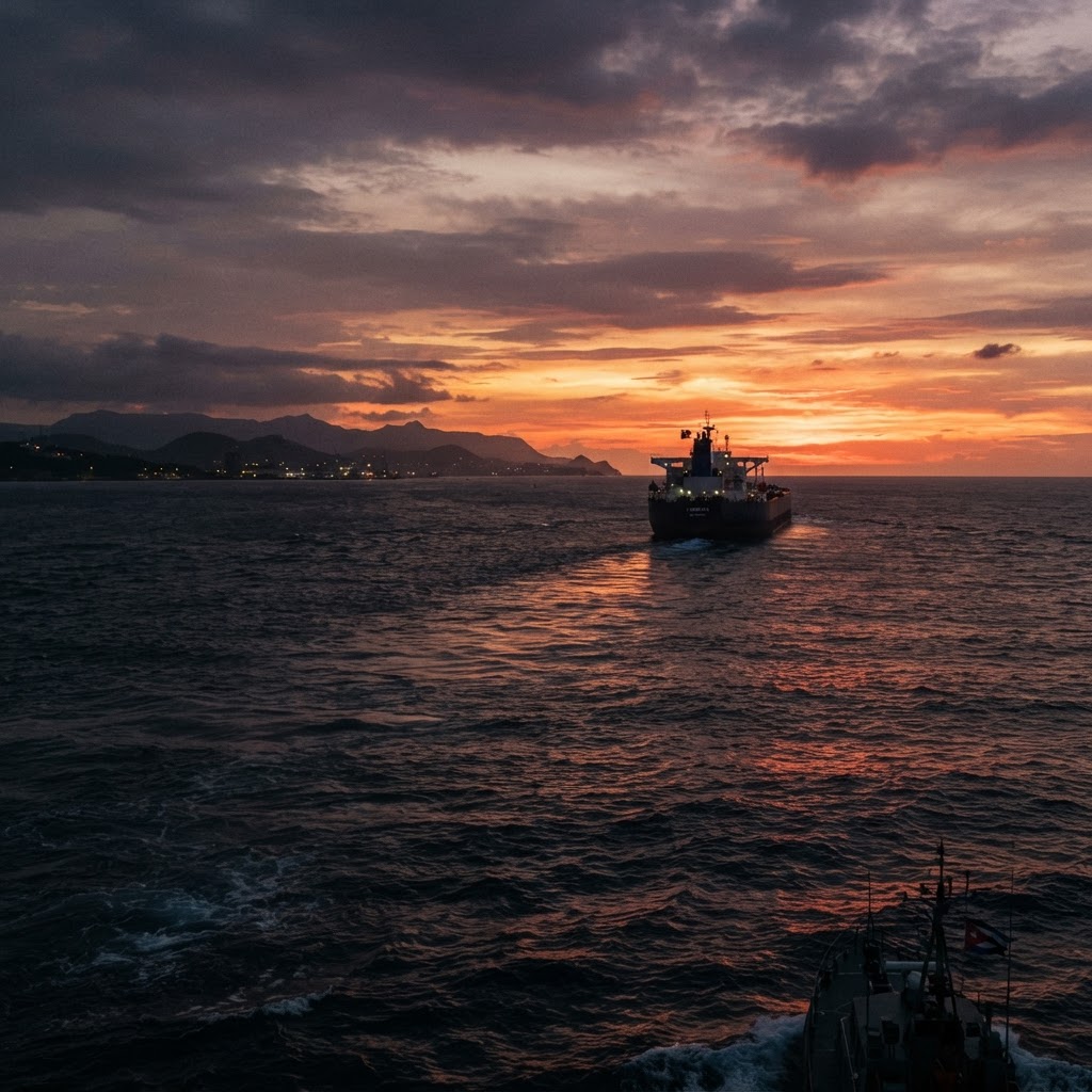 Oil tanker ship receding into the distance, representing the blockade and loss of fuel supplies