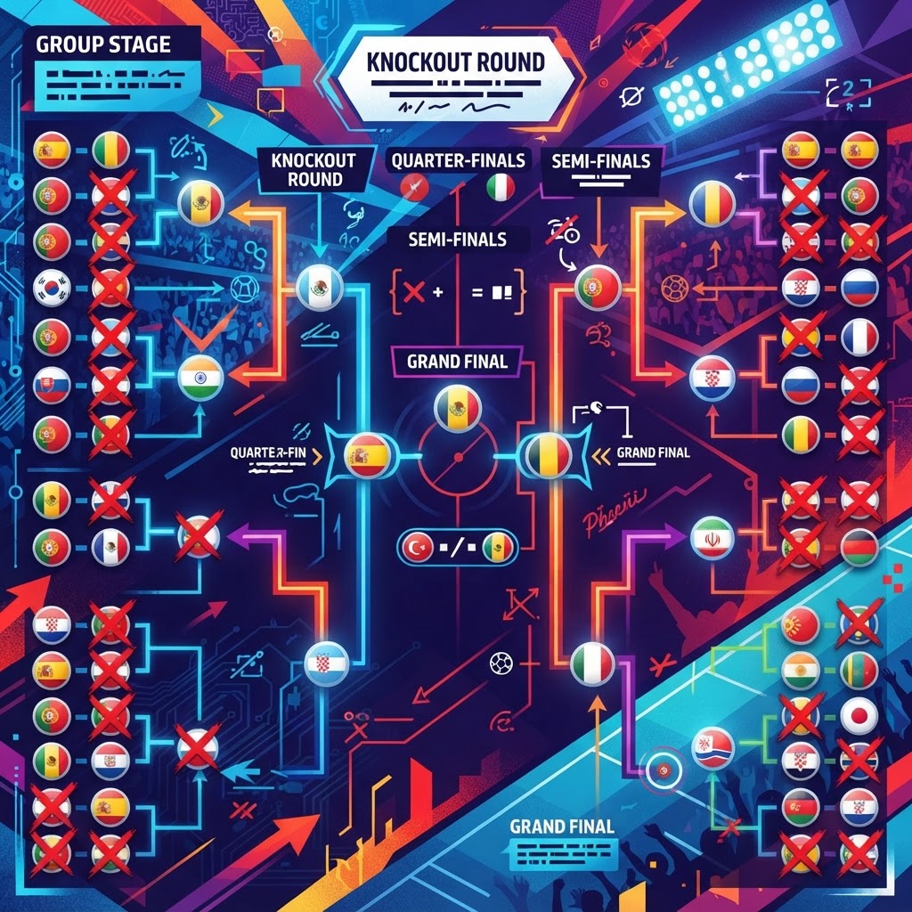 Illustration of a World Cup bracket with eliminated giants crossed out