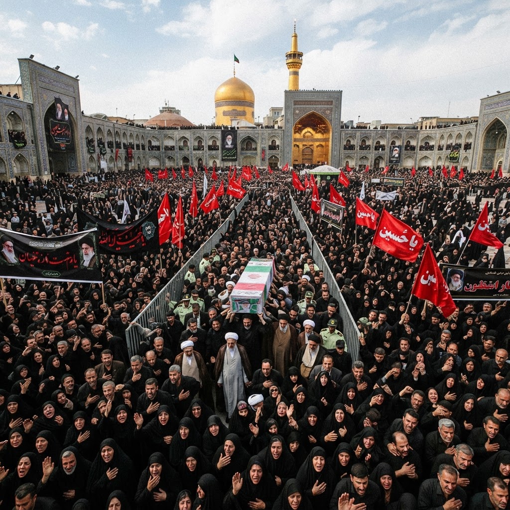 Massive funeral crowds in Mashhad mourning Khamenei with red flags and banners