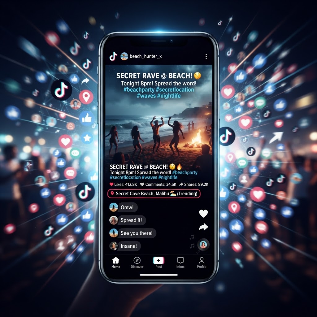 Smartphone showing TikTok post with viral location tag getting thousands of shares