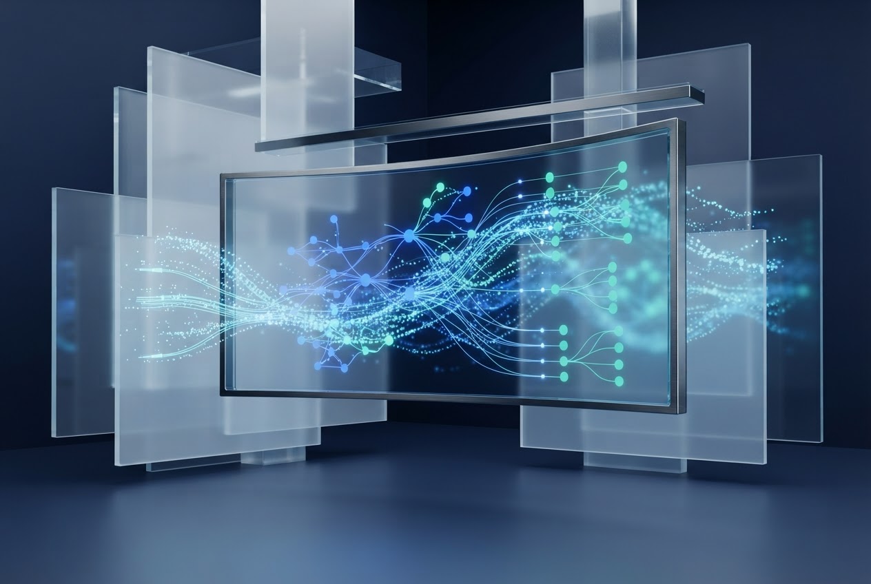 Monitor mit KI-Anwendungen und vernetzten Datenknoten