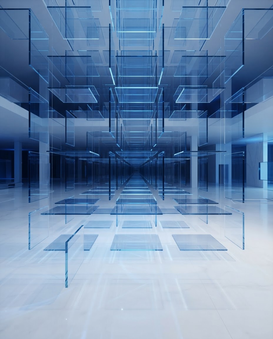 Abstrakte 3D-Visualisierung von Glasdaten-Ebenen – KI-Transformation für Unternehmen