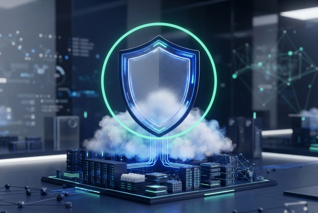Glas-Schild über Cloud und Datenbanken – Datenschutz und Compliance
