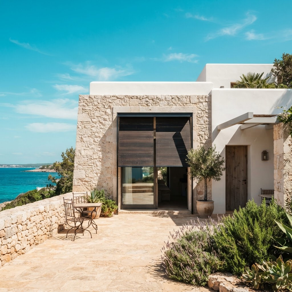 Villa blanca en Ibiza con persianas y sombras proyectadas