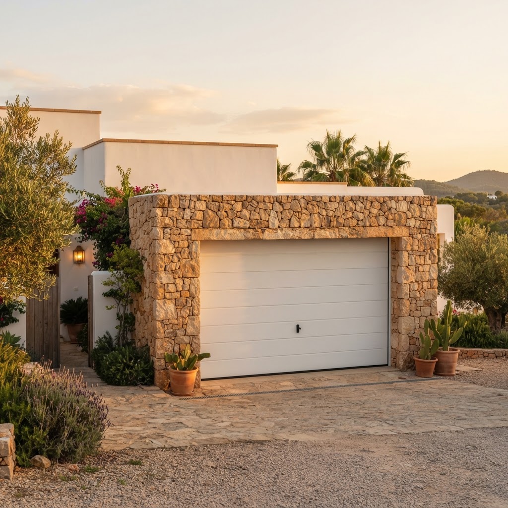 Puerta de garaje sectional instalada en una villa de Ibiza