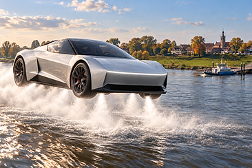 Zilverkleurige sportauto met witte stoompluimen boven een rivier, met een dorp en veerpont op de achtergrond.