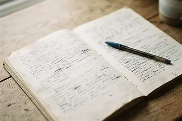 An open notebook on a desk with handwritten working across the page, a pen resting where the writer stopped.