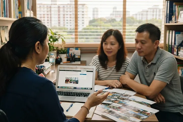An education agent walks a family through options across a desk.