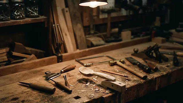 A workbench with a half finished object and tools laid out.