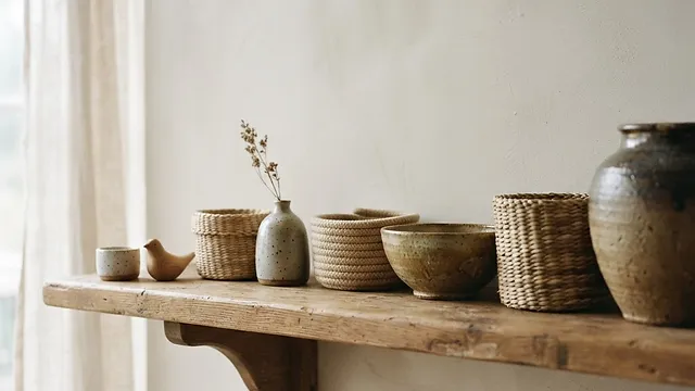 A shelf of handmade objects arranged smallest to largest.